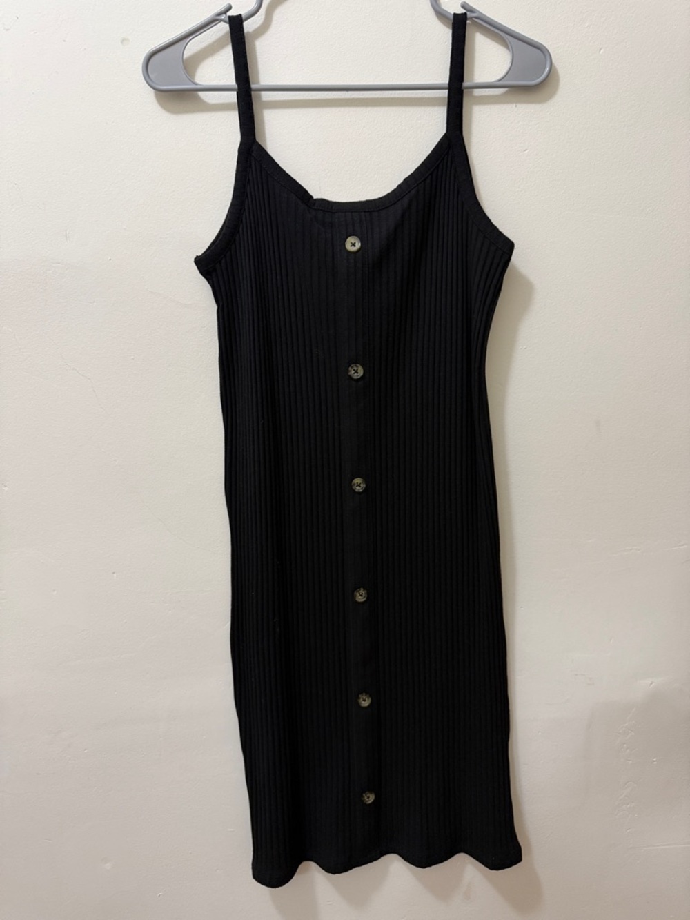Black Ribbed Button-Front Midi Slip Dress